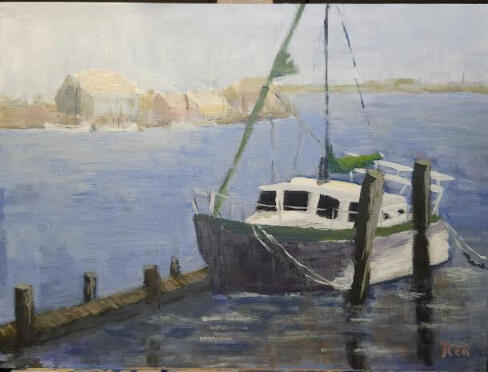 Waiting to Sail Acrylic landscape painting of a sailboat docked beside a quiet waterfront